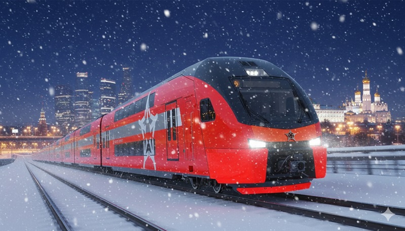 Красный поезд Аэроэкспресс едет зимой на фоне Москвы — небоскрёбы Москва-Сити и Кремль